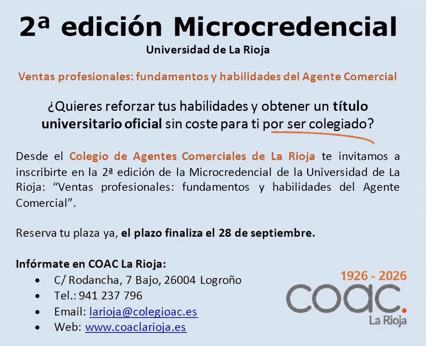 2ª edición. Microcredencial de la Universidad de La Rioja: “Ventas profesionales: fundamentos y habilidades del Agente Comercial